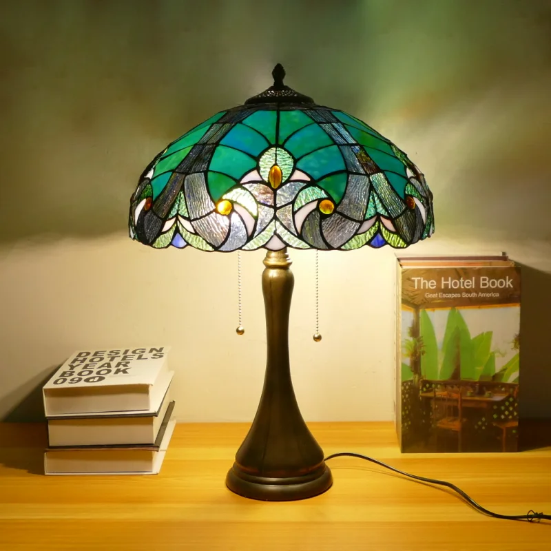 Nordic Style Vintage Staied Glass Shade Metal Table Lamp Energy Saving Lamp E27 LED Edison Bulb Warm Light Bedroom Bedside Lamp