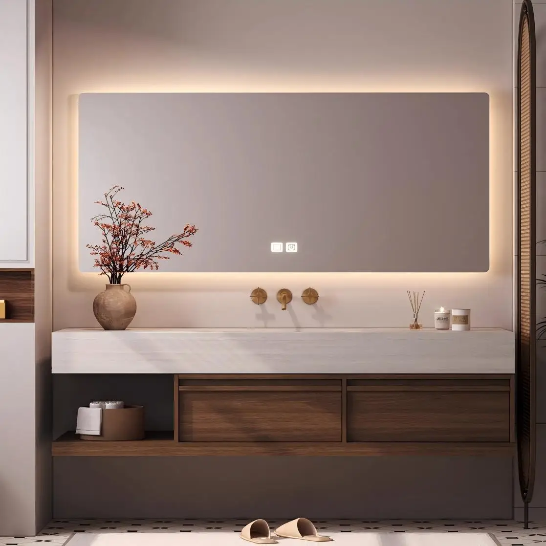 

Custom Mid-Century Vintage Travertine Color Slate Bathroom Cabinet, Hot-Bent Seamless One-Piece Sink, Bathroom Washbasin Vanity