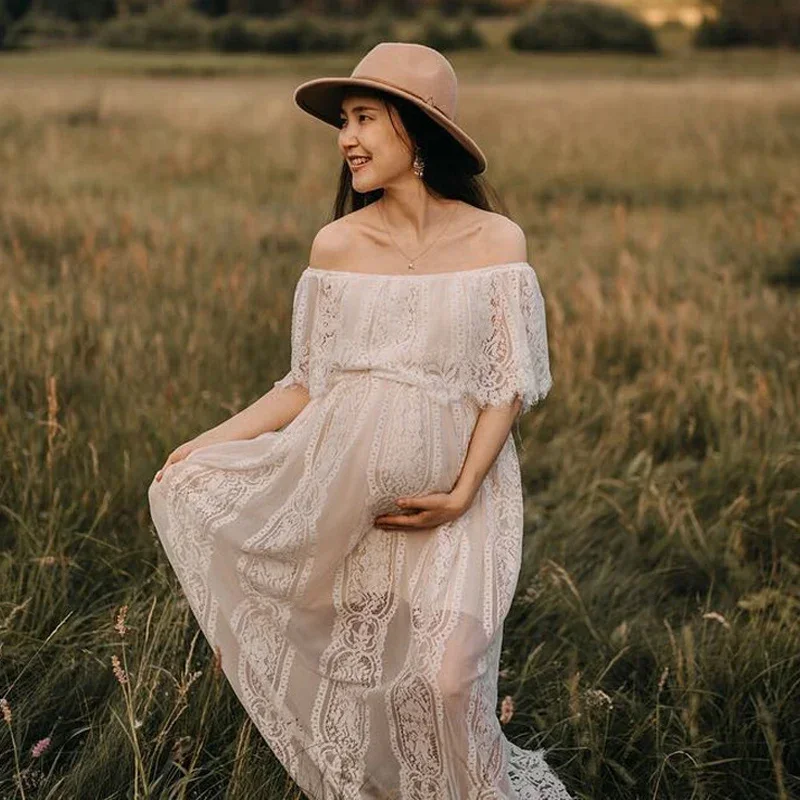 Vestido maxi bordado maternidade do laço, detalhes pura para mulheres gravidas, fotografia do casamento