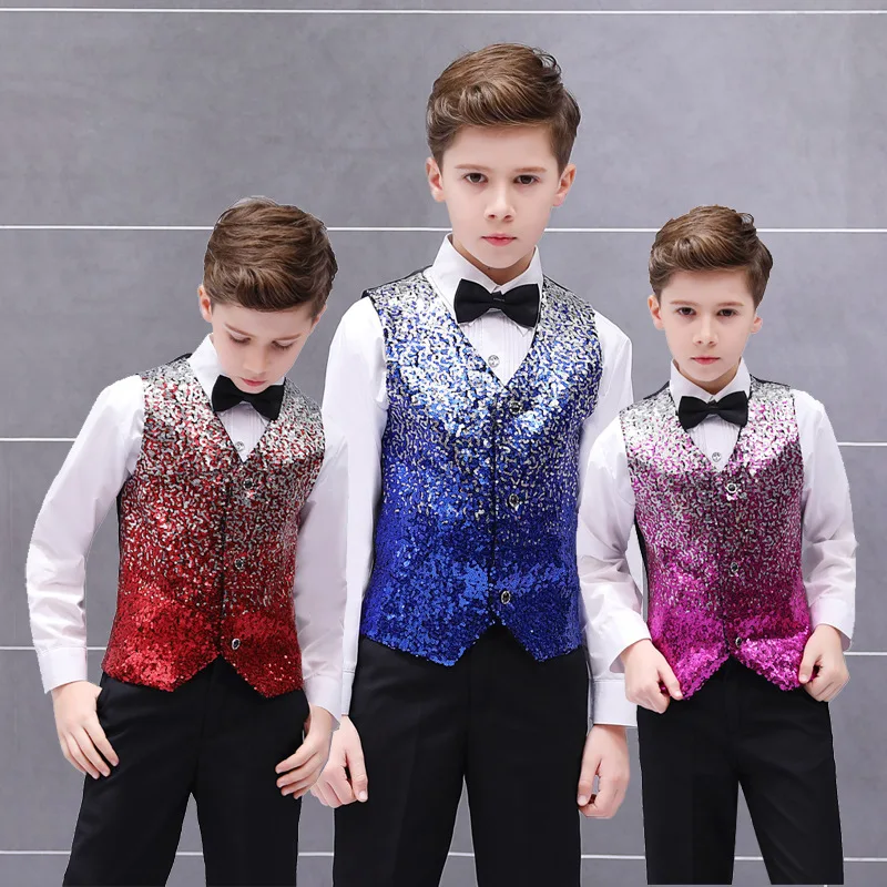 

Suit Men Boys Banquet Performance Vest Gradient Color Sequins Dance Costume for Show Host