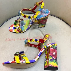 Luxury Gem Colorful Sandals Women Bright Crystal Flowers Shoes Bling High Chunky Heels Sandals Bohemian Women Summer Shiny Shoes