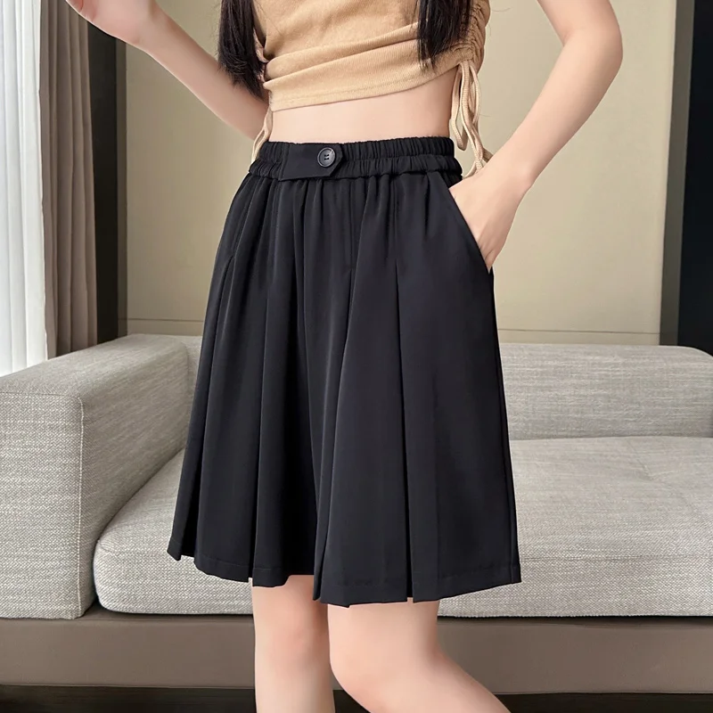 2023 Summer Pleated Skirt Shorts For Women Loose Stretch High Waist Wide Leg Short Pants Femme Folds Streetwear Bermudas Mujer