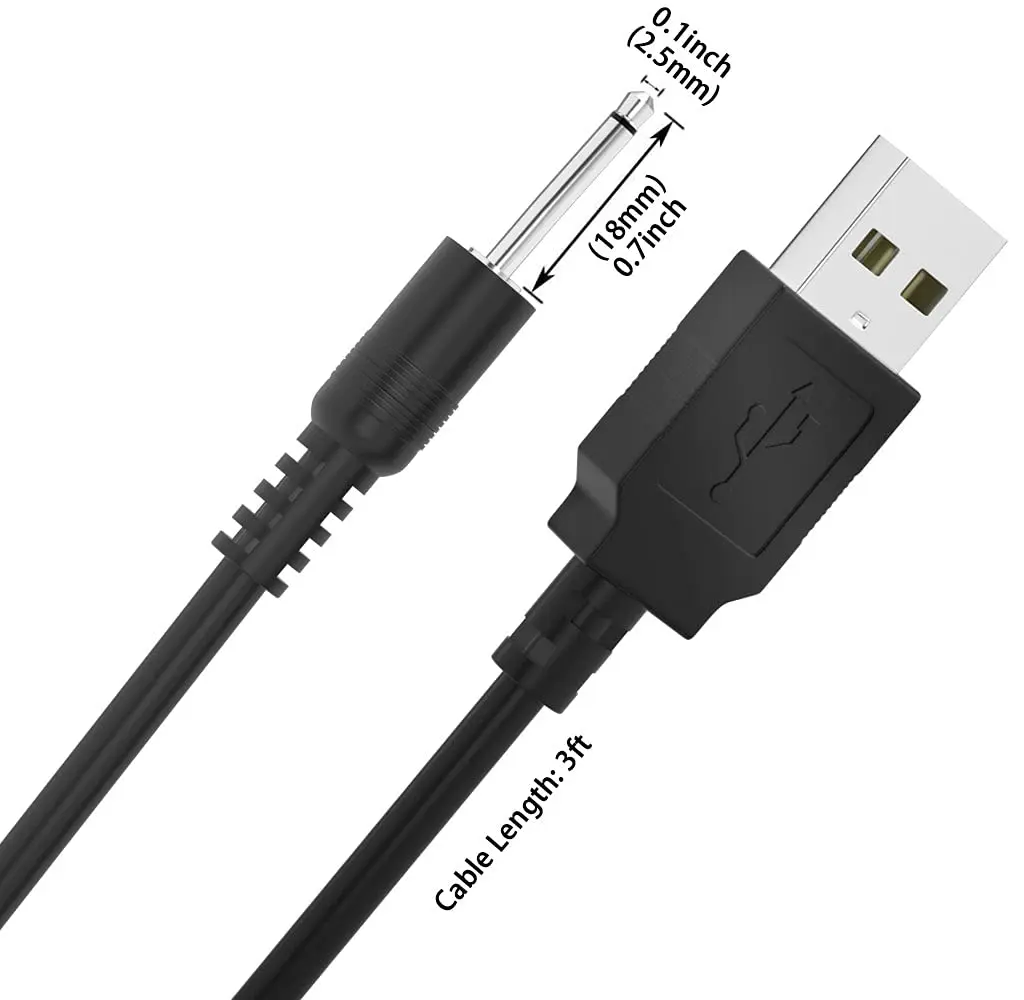 USB Adapter Cord 2.5mm Replacement DC Charging Cable USB Fast Charging Cable Black