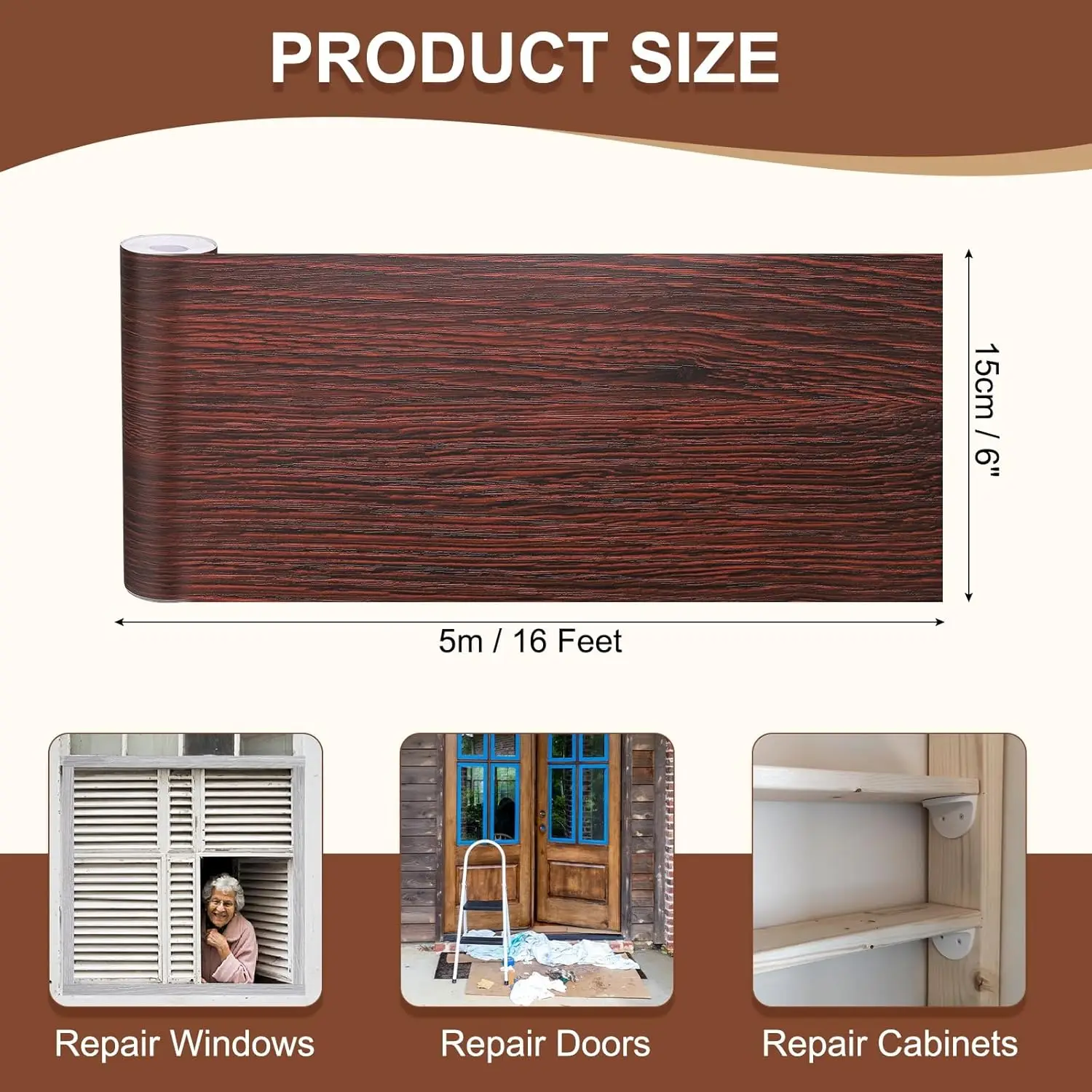 Wood Grain Repair Tape, Self Adhesive Wood Grain Tape Trim for Furniture Floors Windows Doors Tables, Dark Red