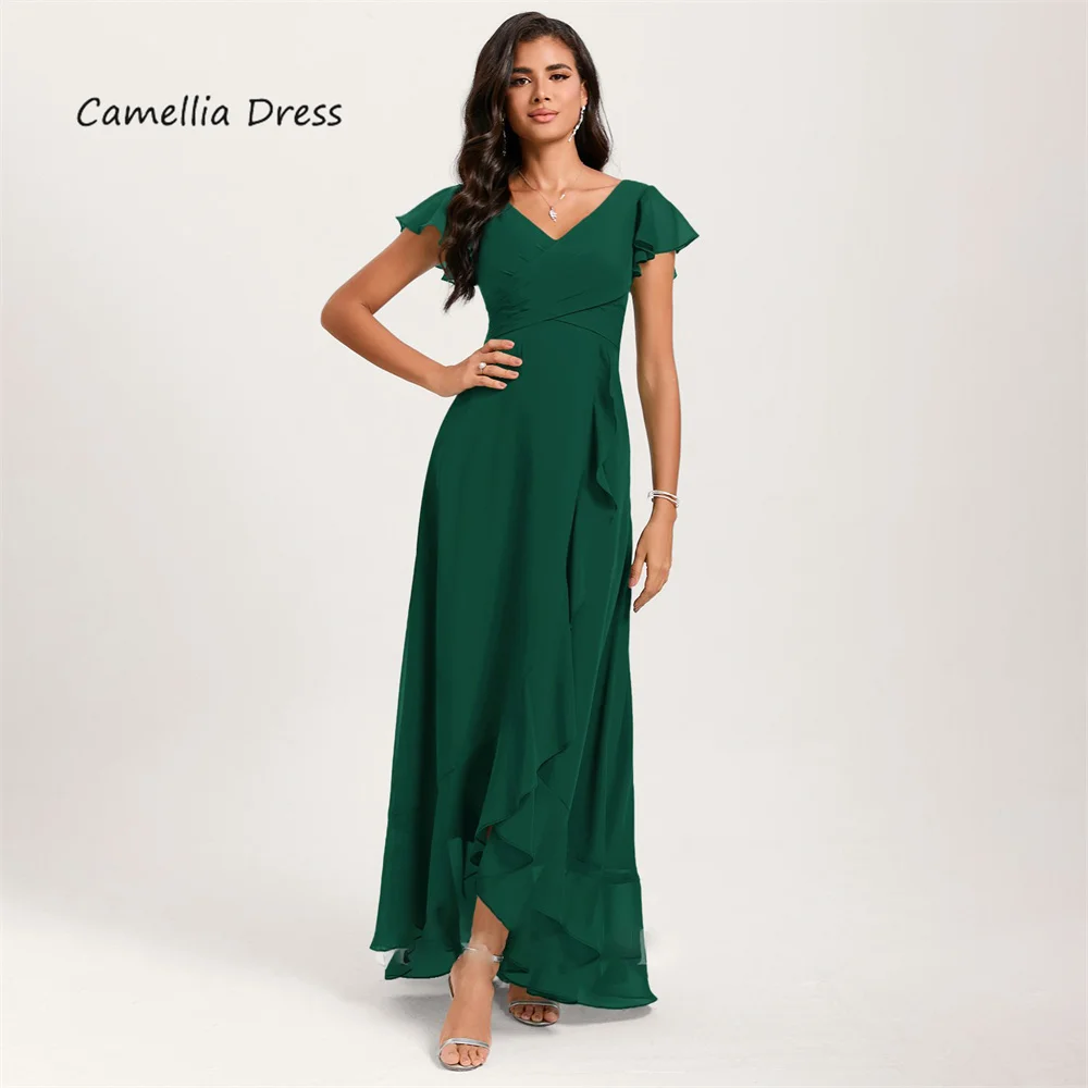 Elegant V Neck Mother Of The Bride Dress A Line Asymmetrical Formal Dresses With Ruffle Vestidos Mae Da Noiva Casamentos