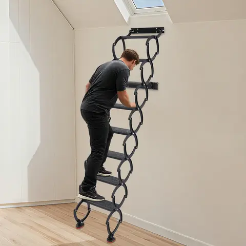 Wall Mounted Folding Ladder, Telescoping Stair with 200kg Capacity per Step, Retractable Folding Stair for Home Garage Warehouse