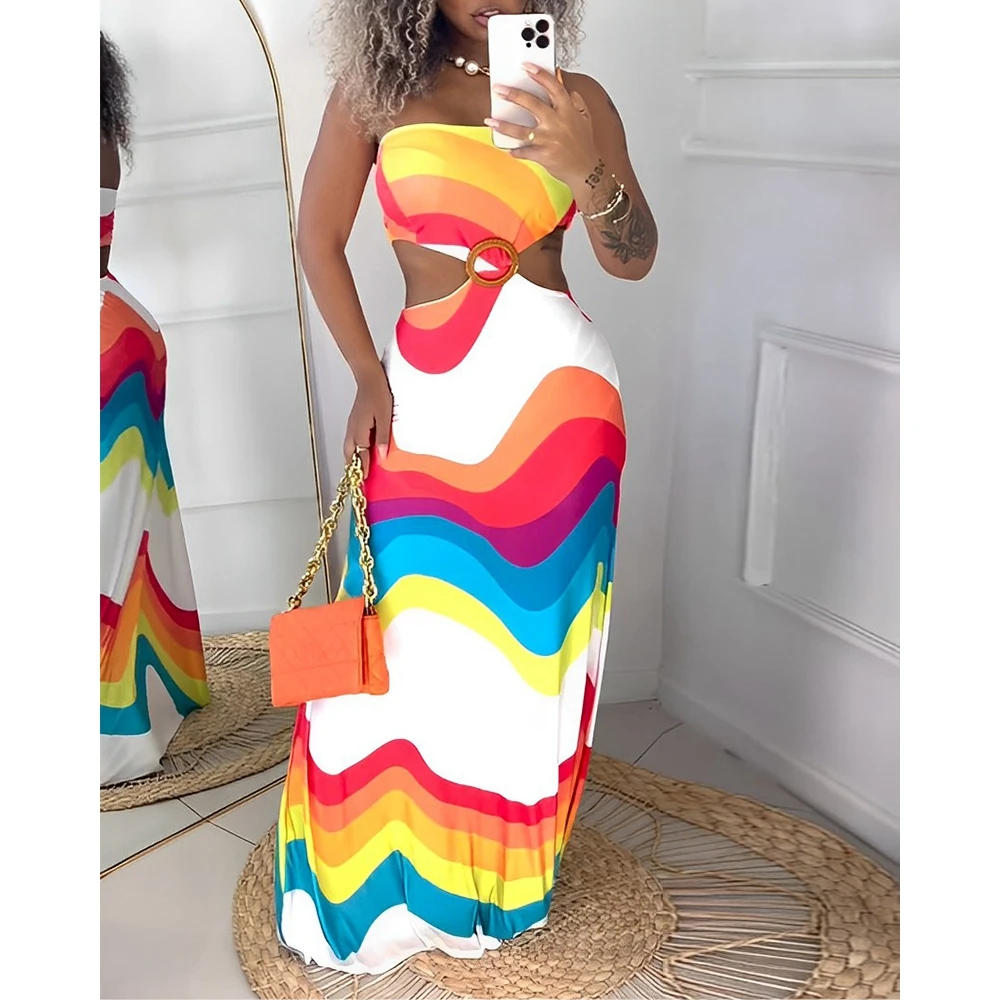 

Colorful Striped Print Spaghetti Strap Slim Party Maxi Dress Birthday Summer Vacation Wear