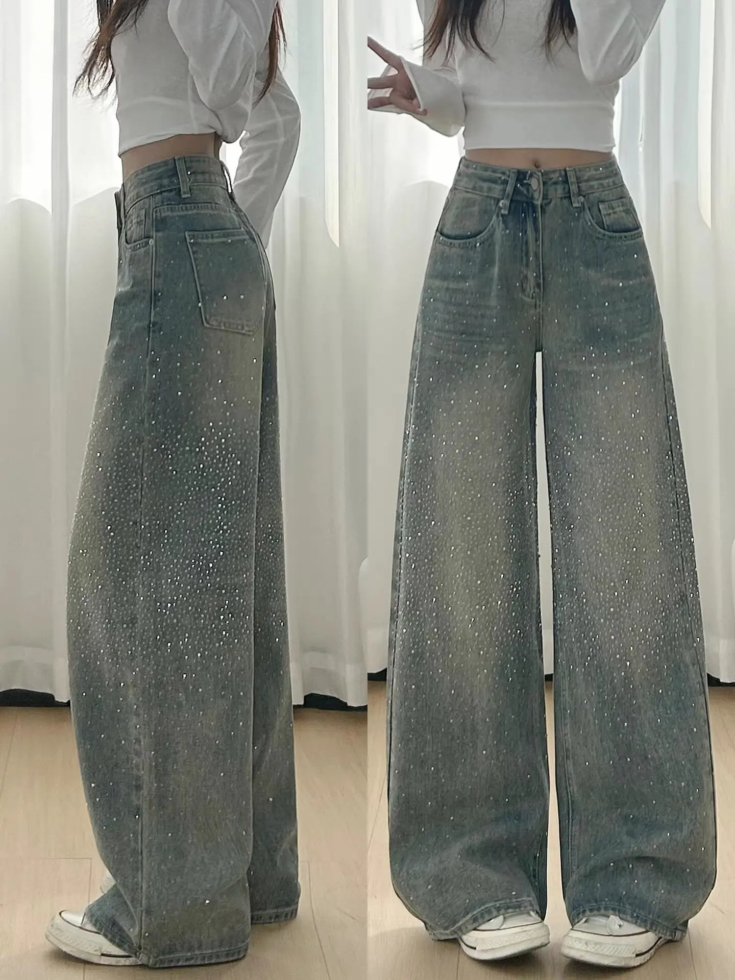 High Waist Straight Leg Rhinestone Denim Pants Double Sided Lazy Versatile Loose Long Trousers for Women Autumn Season