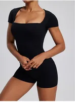 Body gótico de secado rápido para mujer, cuello cuadrado, Fitness, con manga corta elástica y almohadillas para el pecho integradas