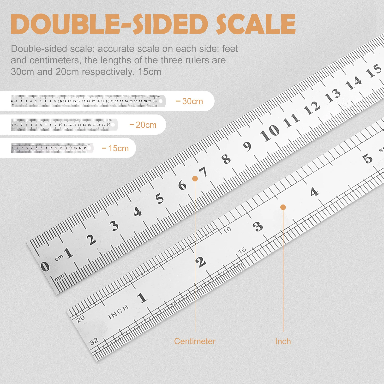 3Pcs Silver Stainless Steel Ruler Double Sided Scale Ruler for Graphic Design Construction Education Measuring Instrument