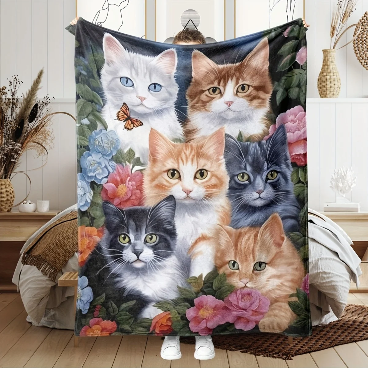 

Cat blanket, cute flower animal print blanket, flannel plush bedding blanket 1pc