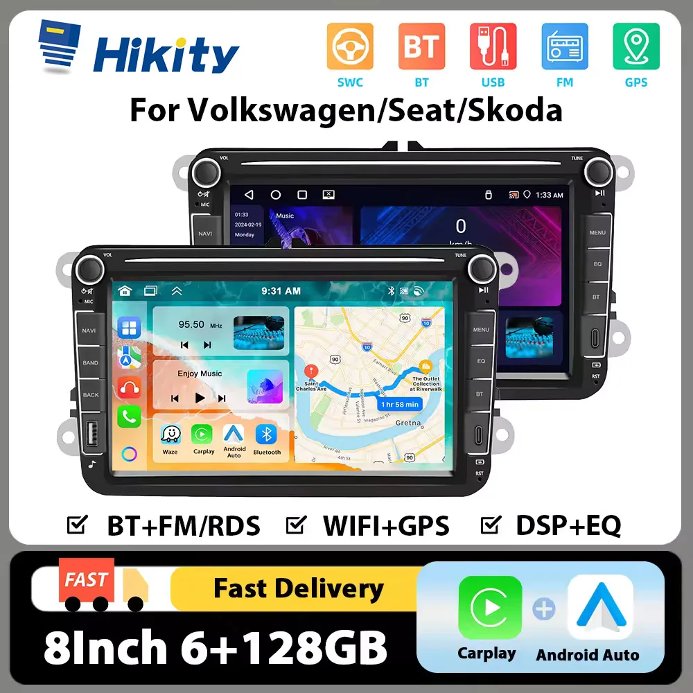 Autoradio Hikity Carplay Android Auto 8'' 2 Din écran tactile HD 6+128G Lecteur multimédia pour VW SAGITAR JATTA JETTA WIFI EQ