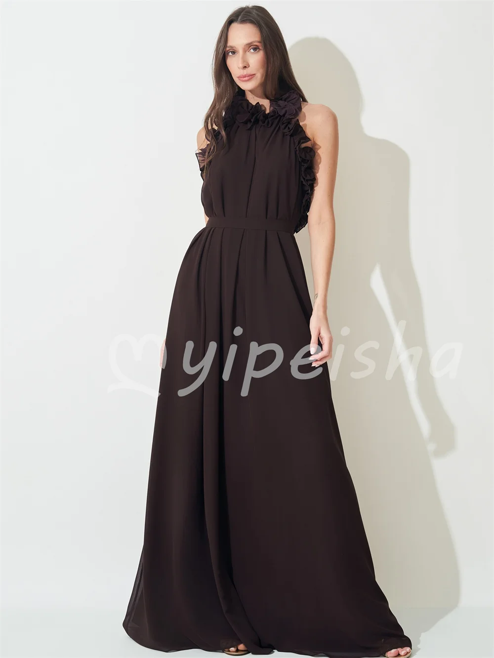 Navy Brown Chiffon Pleat Ruched Sash A-line High Collar Floor-Length Evening Dresses Party Gowns Sizes Available Customized