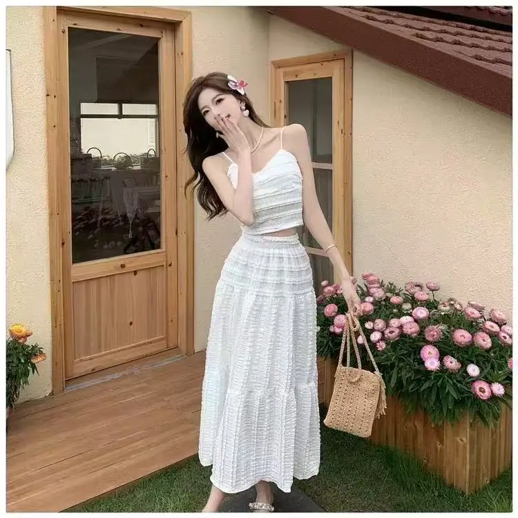 French gentle style summer new high waisted cake skirt+fashionable camisole vest two-piece set