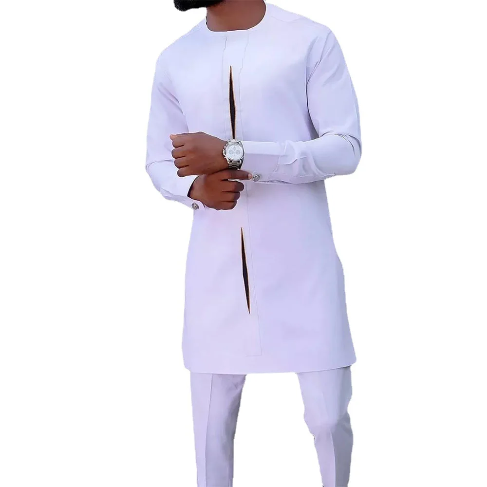 Estate moda uomo africano bianco o-collo manica lunga poliestere due pezzi set Top e pantalone lungo Dashiki vestiti africani per gli uomini