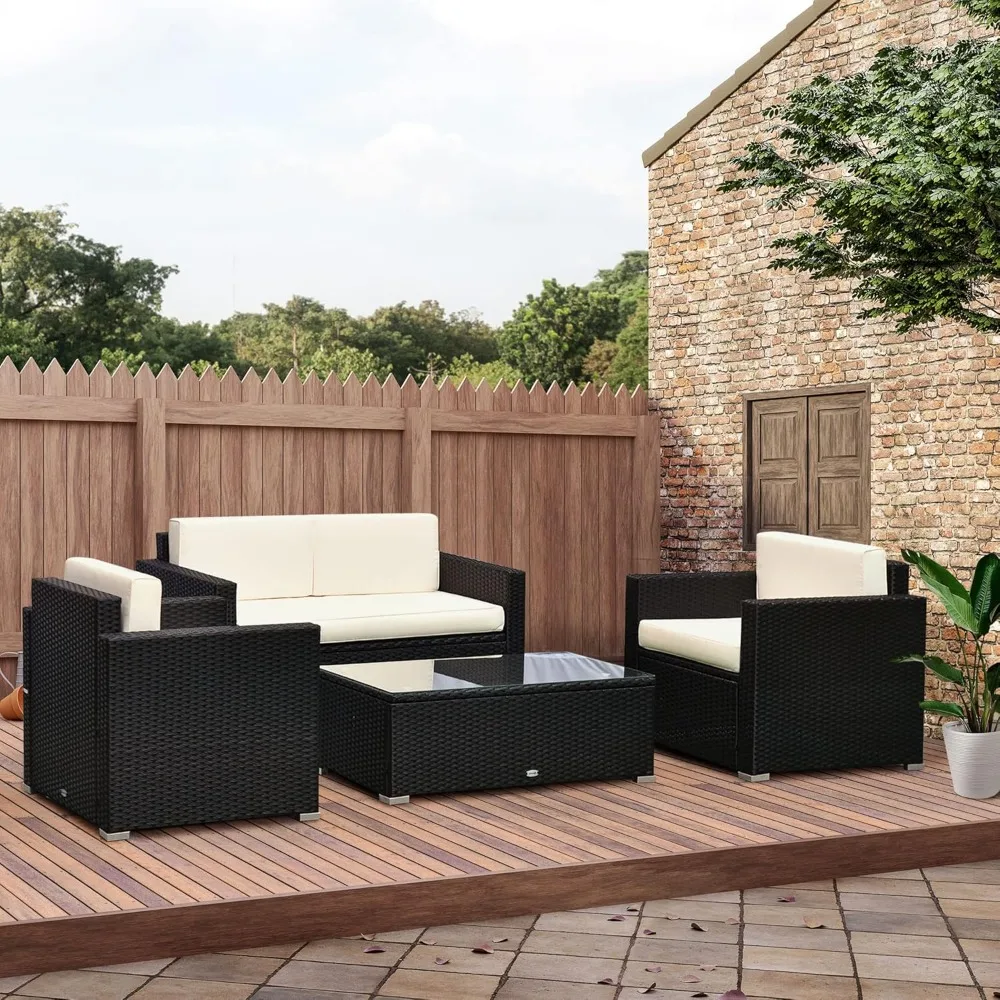 Wicker Patio Furniture Set with Cushions, Outdoor Sectional Furniture with 2 Sofa, Loveseat, and Glass Top Coffee Table