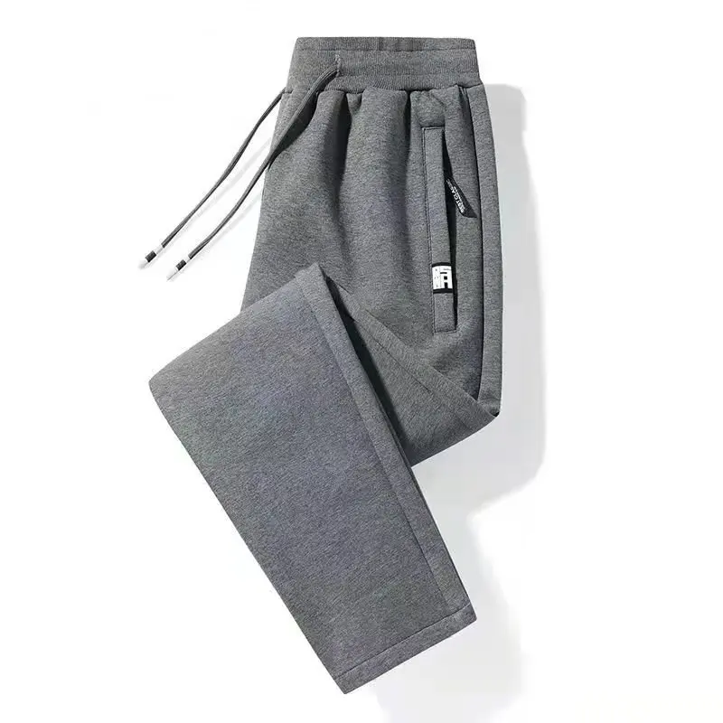 Comfortable Women's Sport Pants Black Cuffed Running Trousers High Waist Zipper Pocket Long Straight Leg Polyester Fiber