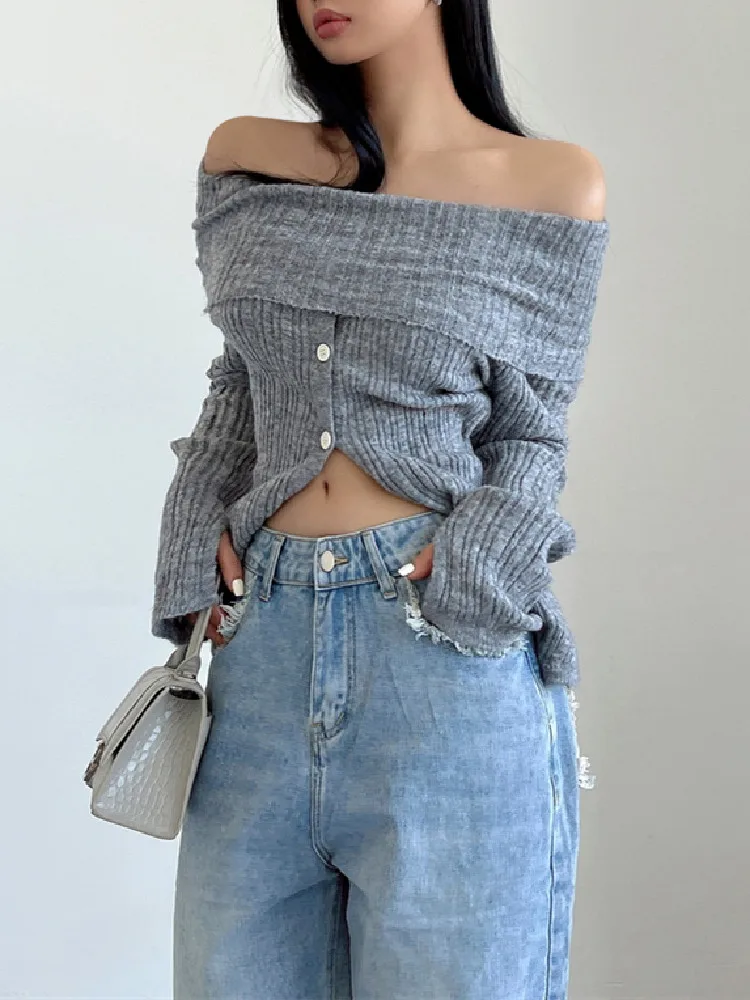 Sexy Women Off Shoulder Knit Slash Collar Sweater Open Buttons Front Slit Slim Knitwear Full Sleeve Jumper Knitwear Tops White