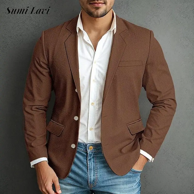 New Casual Long Sleeve Mens Blazer Jackets Spring Fall Vintage Turn-down Collar Buttoned Cardigan Men Stylish Waffle Outerwear