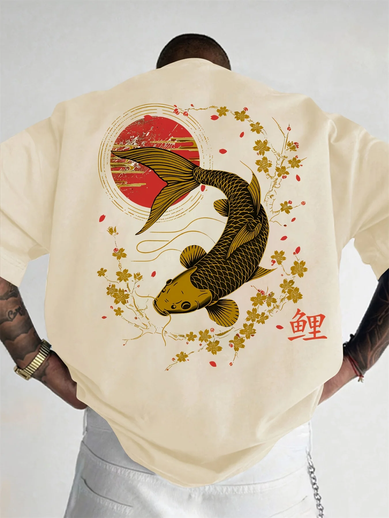 Japanese Style Koi Fish Tee with Fuji Mountain and Sakura Cherry Blossom Print 100% Cotton Men's T-shirt Summer Casual Wear