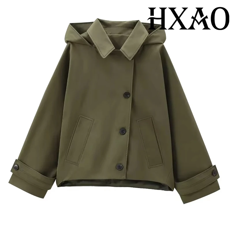 

HXAO Green Hooded Jacket Outerwear Women's 2024 Autumn Winter Streetwear Oversized Bomber Jacket Coat Ladies Fashion Casual Coat