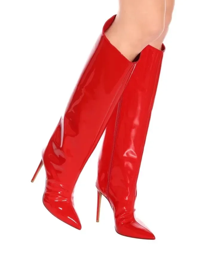 

Mirror Metallic Leather Knee High Boots Sexy Pointed Toe Stiletto High Heels Long Shoes Woman Summer Autumn Runway Botas Green