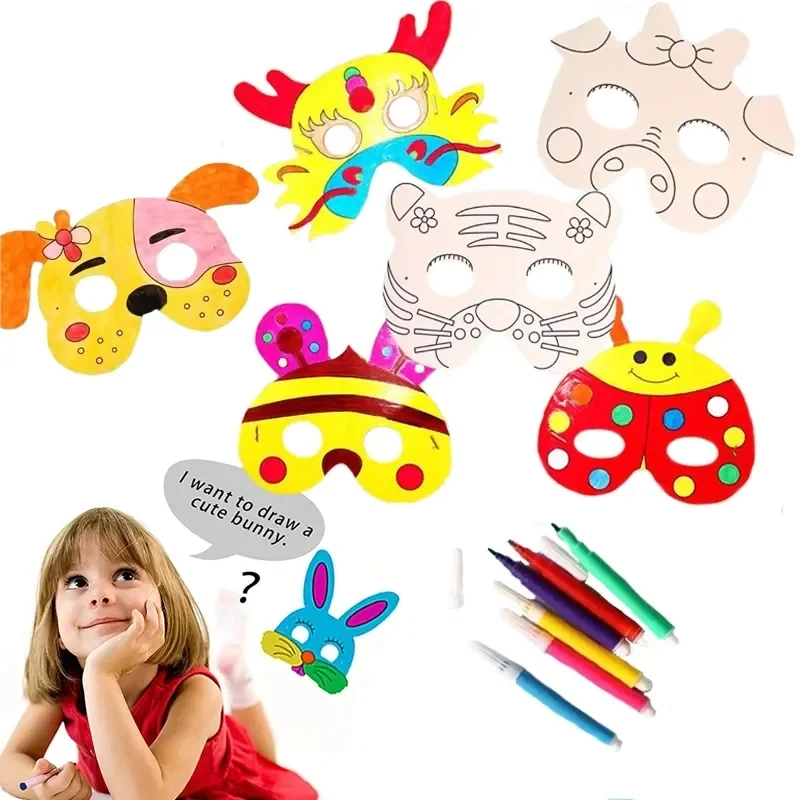 8 Stück Cartoon Tier DIY Graffiti Kunst Handwerk Maske Kinder Spielzeug Papier Maske hand bemalte Geschenk weißes Papier Karten material mit Farb stiften