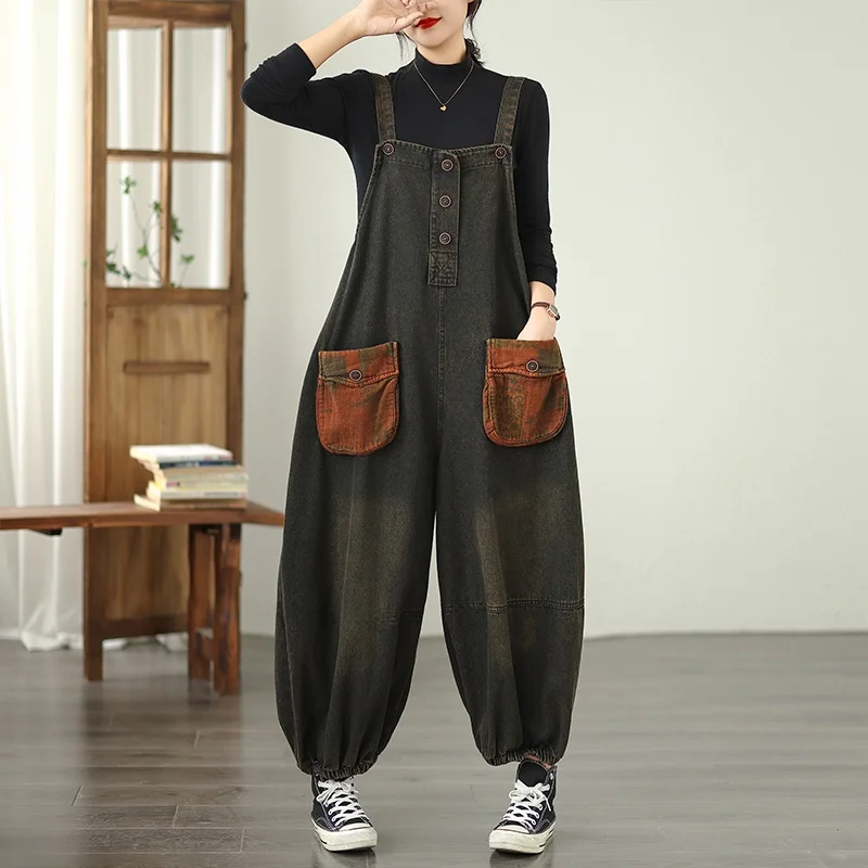 

Retro Heavy Embroidery Soft Denim Wide Leg Pants Large Size Casual Autumn Sle Elastic Waist Versatile Loose Fit Cotton Blend