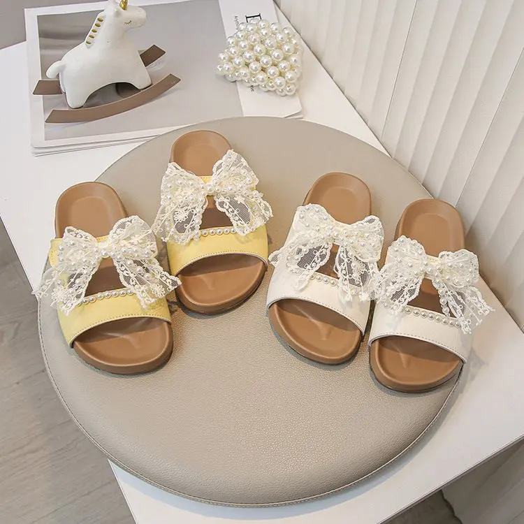 

New Summer Girls Slip-on Slippers Elegant Kids Causal Princess Outdoor Shoes Children Beading Flat Slippers Sweet Lace Bowknot