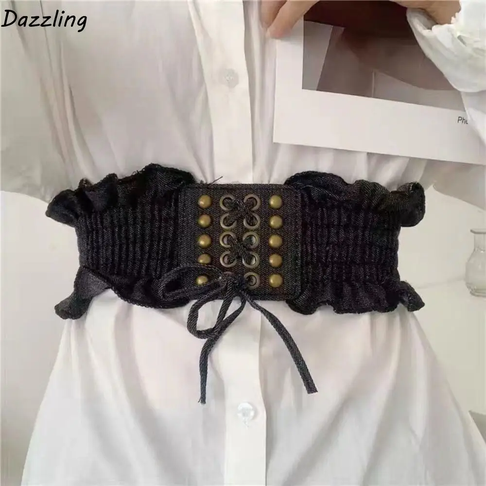 럭셔리 천 데님 신축성 있는 커머밴드 레이스 드레스 거들 여성 허리띠 하이웨이스트 탄성 와이드 허리 벨트 여성용