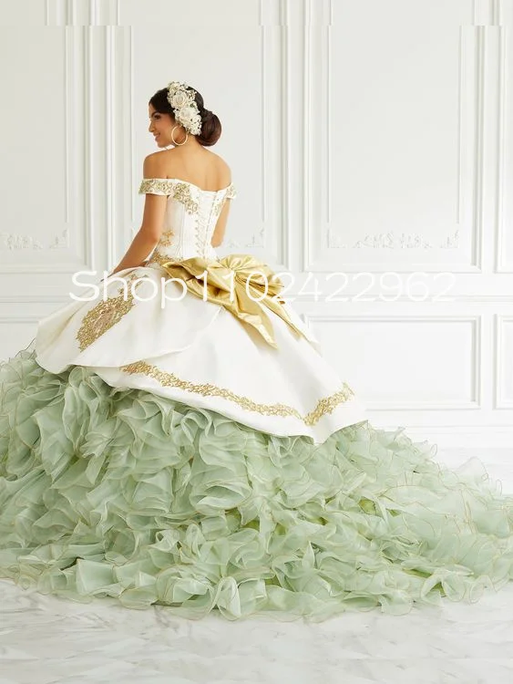 Ivory Sage Off Shoulder Princess Quinceanera Dresses Corset Boning Gold Lace Embroidery Ruffles Tiered Skirt vestido de 15 anos