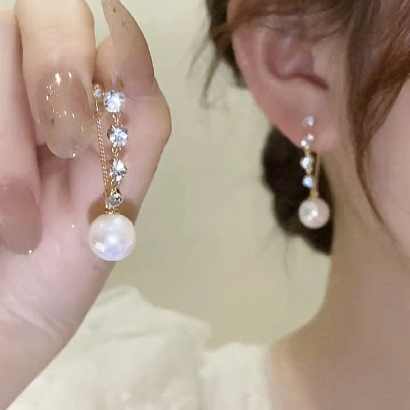 

S925 Silver Needle Diamond Pearl Long Earrings Women's Premium Temperament Earrings