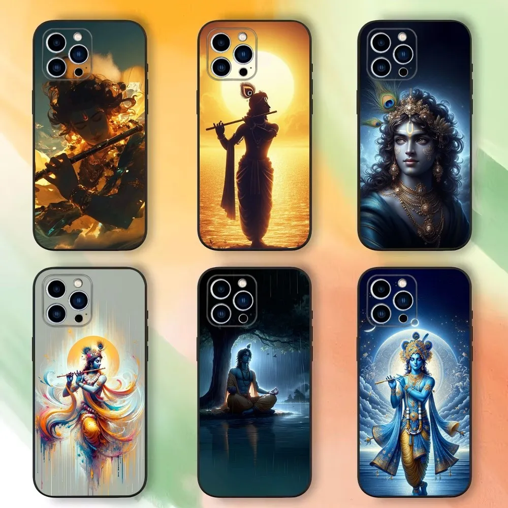 Indian God Lord Krishna Phone Case For iPhone 16,15,14,13,12,11 Plus,Pro Max,XS,X,XR,SE,Mini,8,7，Soft Silicone Black Cover