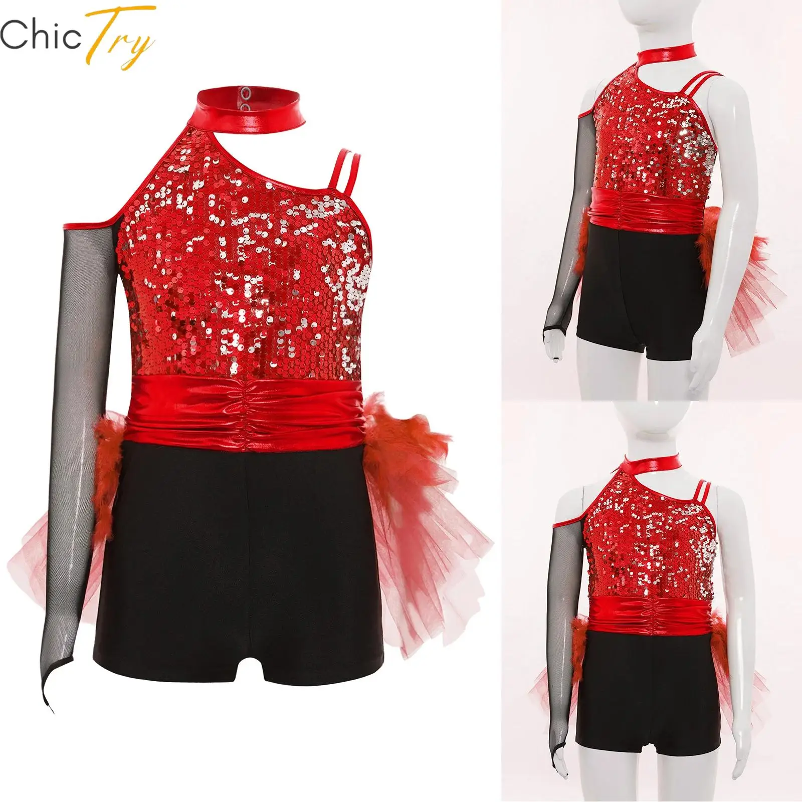 

Детское платье для латинских джазовых танцев для девочек, тюлевая юбка с блестками и перьями, купальник с рюшами на талии, асимметричный комбинезон, костюм для выступлений