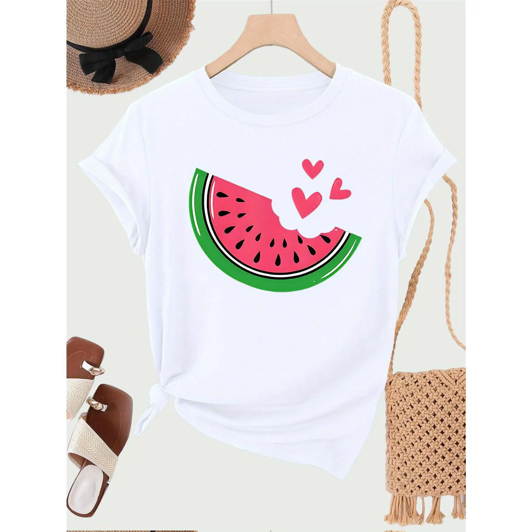 

Watermelon T-Shirt Cute Fruit Graphic Tee Summer Heart Print Tops for Men and Women