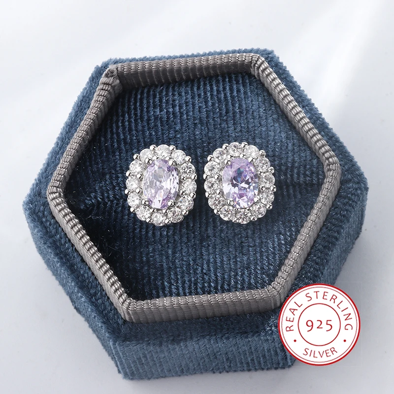 2024 New Lavender Round Zircon  925 Silver PlatedEarrings for Women Exquisite Engagement Jewelry Party Jewelry