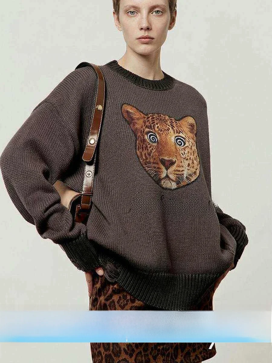 

ay Knitted Loose Women's Sweater Spring New Sle Retro Dizzy Leopard Print Casual Long Sve round Ne ort Length