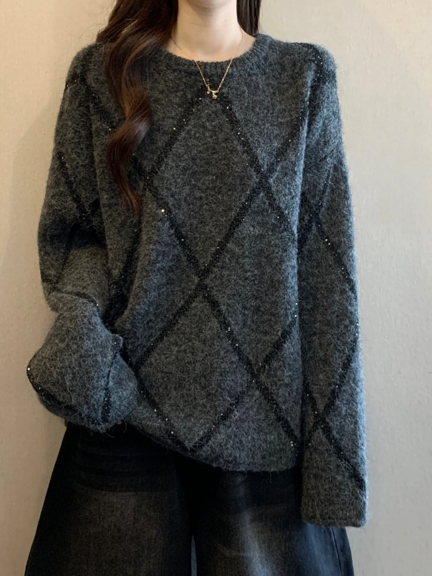 Unique Knitted Shiny Sequin Base Shirt Sweater Women Spring Autumn plus Size Conceal Belly Beautiful Top Diamond Pattern