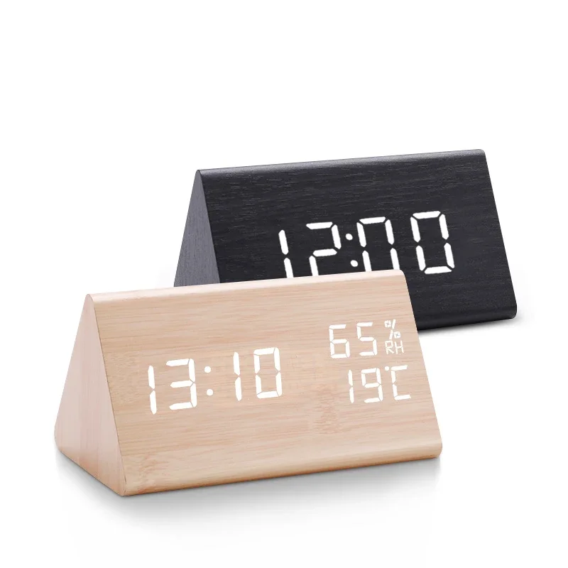 Voice Control Wooden Alarm Clock Smart  Digital Clock  Bedside Table Decor Electronic Desk Clock with Temperature Humidity