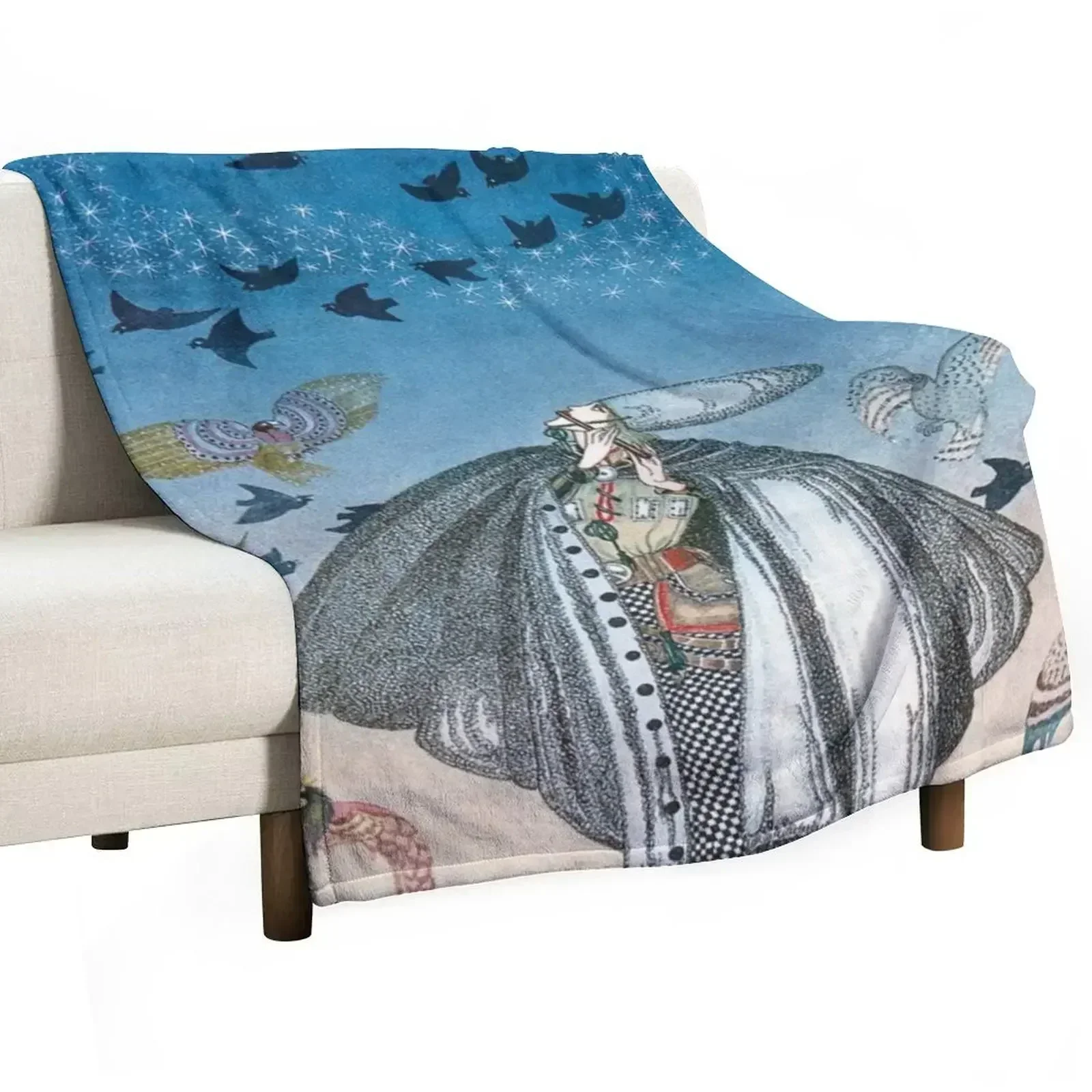Kay Nielsen art Illustration of Nordic Soldier playing the flute summoning birds Throw Blanket halloween Heavy Blankets