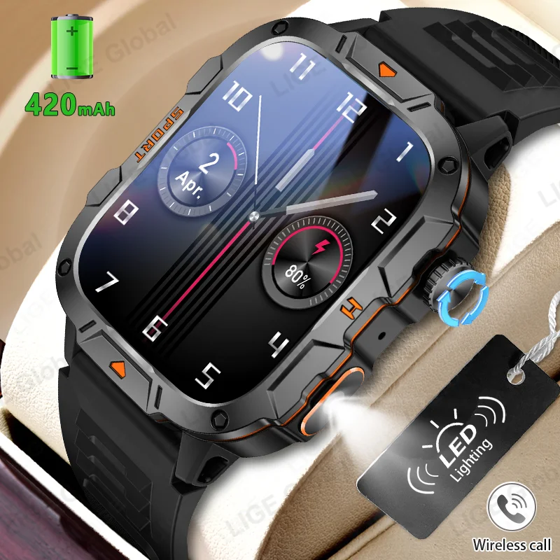 

Умные часы LIGE Rugged Military с фонариком, 420 мАч, водонепроницаемые, для спорта и фитнеса, с измерением пульса и давления, голосовыми вызовами AI