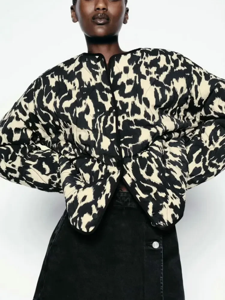 2025 New Spring Autumn Women's Vintage O-neck Print Padded Bomber Coats Female Elegant Thin Light Parkas Jackets Women