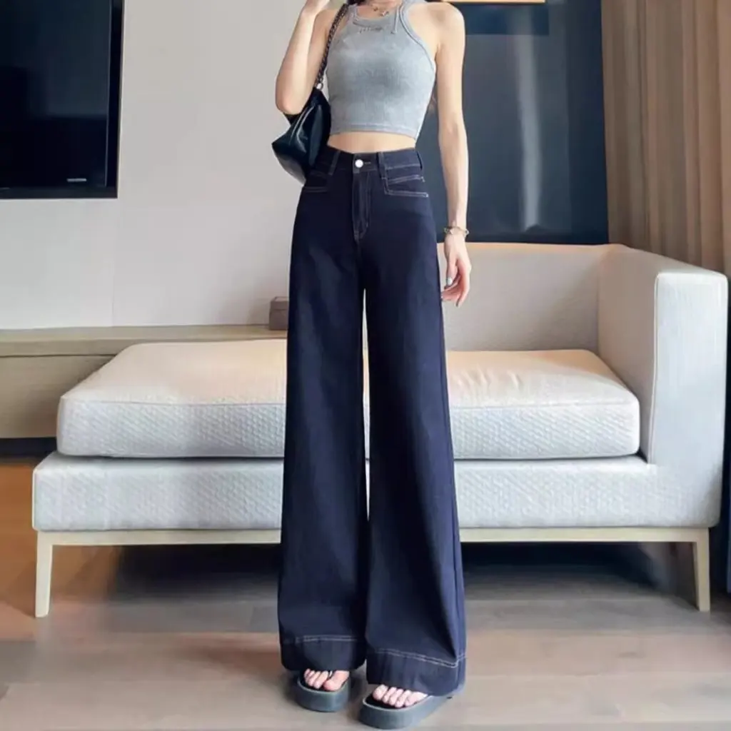 

Tannin женские широкие джинсы темно-синие прямые брюки с высокой талией для похудения модные винтажные тонкие драпированные летние брюки