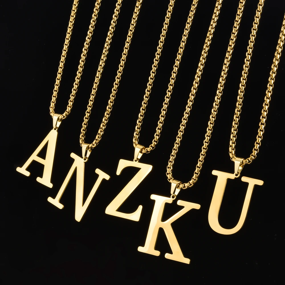 Initial Alphabet Collar Hombre Stainless Steel Big 26 Letters Pendant Necklaces For Women Men Jewelry 50/60/70cm Box Link Chain