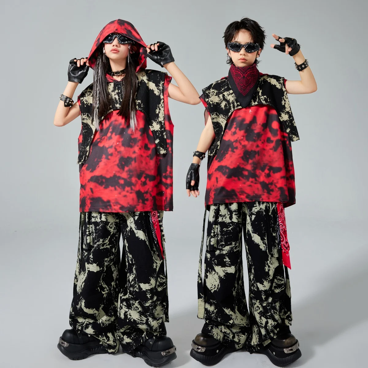 Hip Hop Danskostuums Kinderen Show Jazz Outfit Rode Hoodie Camouflage Broek Kid Mode Kleding Street Dance Wear AMY2421