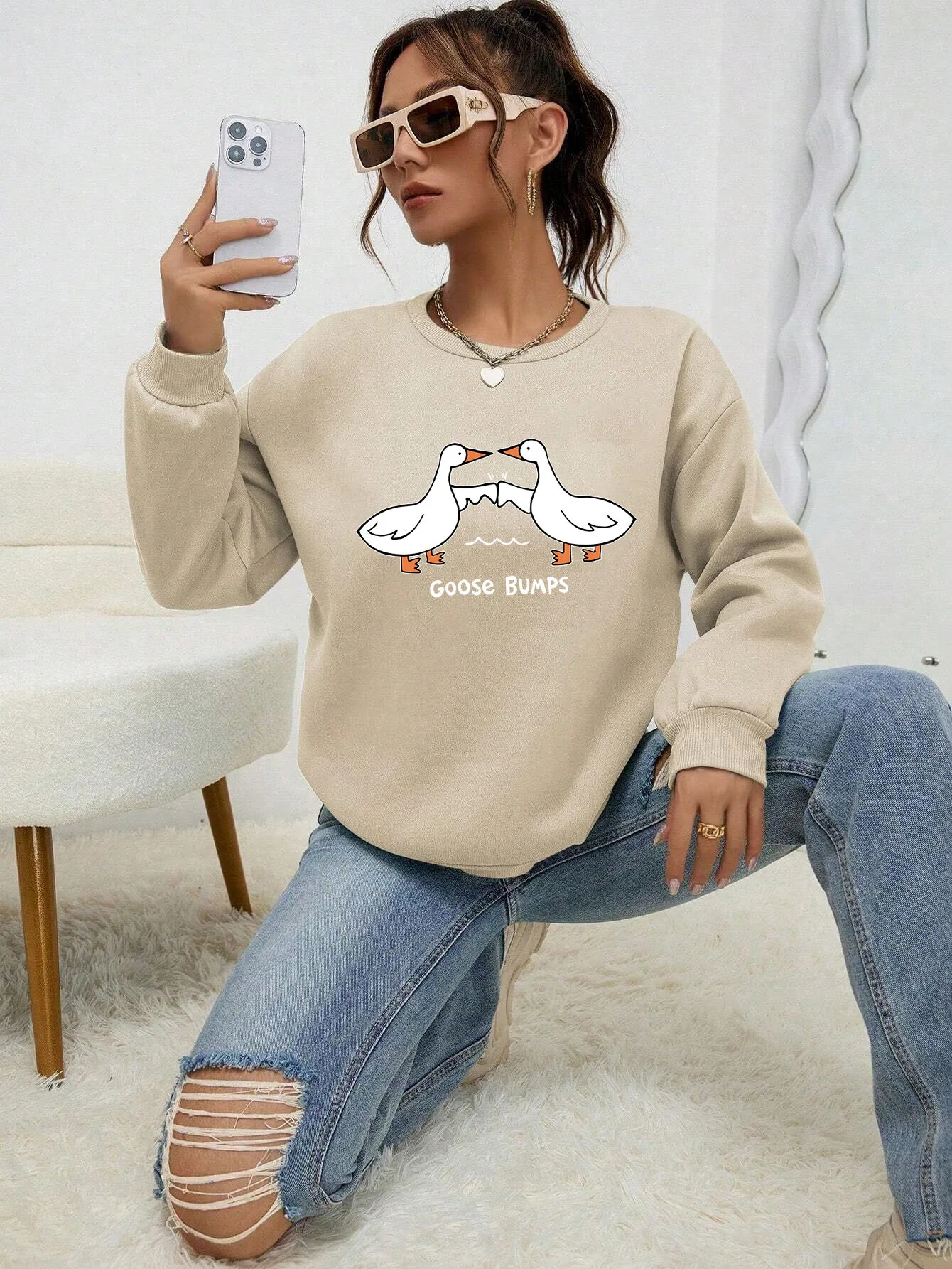 2 Goose Bumps White Printing Hoody Women Autumn Warm Sweatshirt Cartoon Street Hoodie Casual Crewneck Clothing For Female