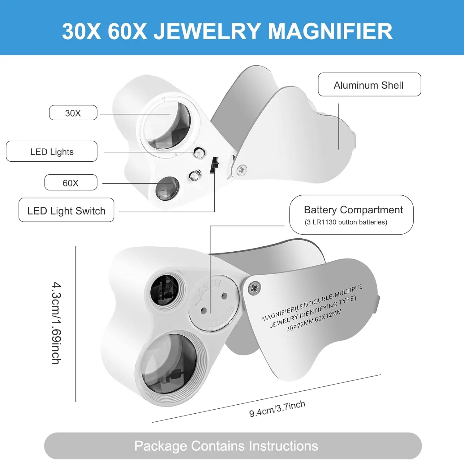 Jewelry Magnifier With Lights 30X 60X Magnification Magnifying Glass Portable Reading Pocket Magnifier Magnifying Loupe