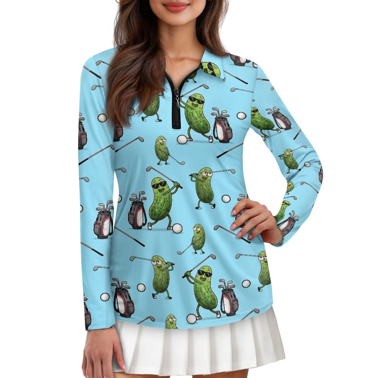 PENSTROLL Pickle Playing Golf Print Womens Lightweight Zip Polo Tennis Top Machine Washable Athletic Shirts for Casual