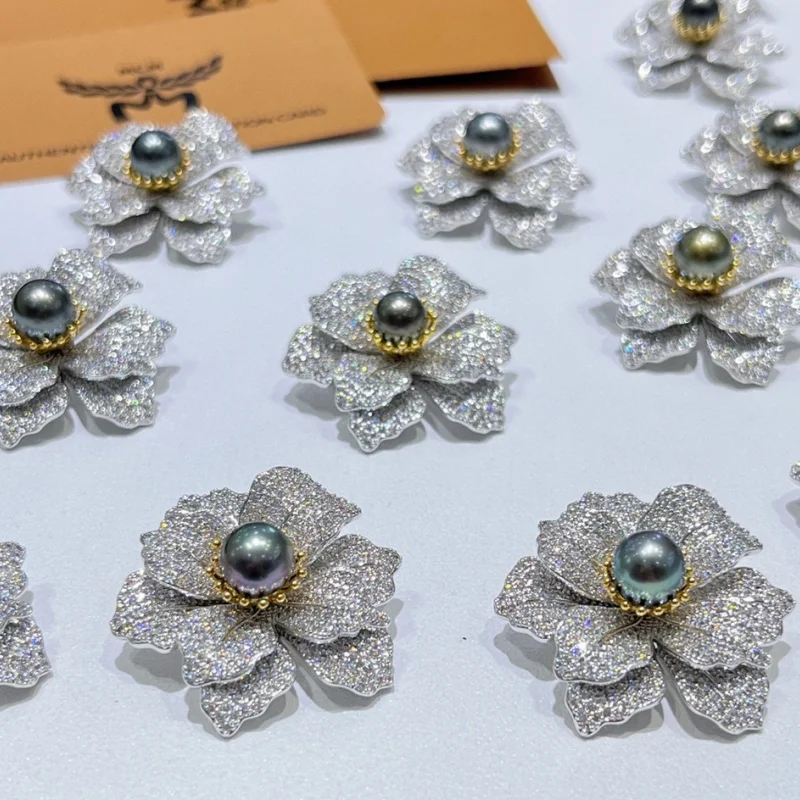 

SGARIT Alloy Floral Brooch Natural Tahitian Pearl Pin 925 Sterling Silver For Women Luxury Fashion Accessory Gift