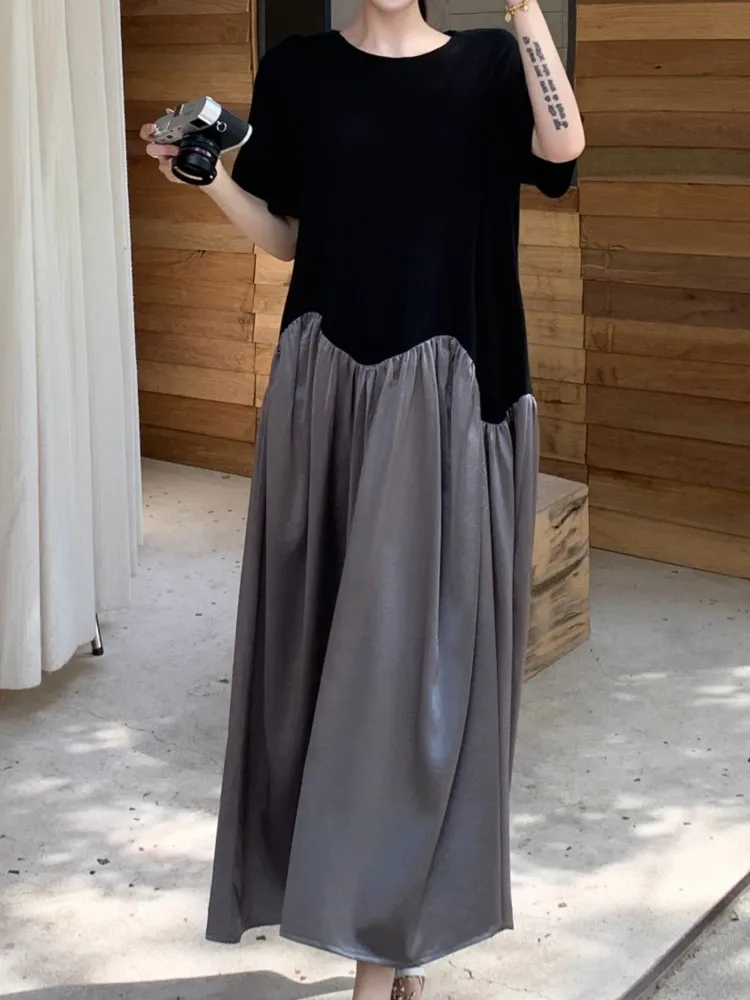 Verano plisado negro Vintage camiseta vestido mujer moda coreana manga corta suelta Casual Vestidos largos de mujer ropa Vestidos